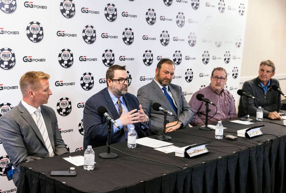 Jack Effel, vice president of WSOP, second left, speaks as Jason Gregorec, left, senior Vice Pr ...