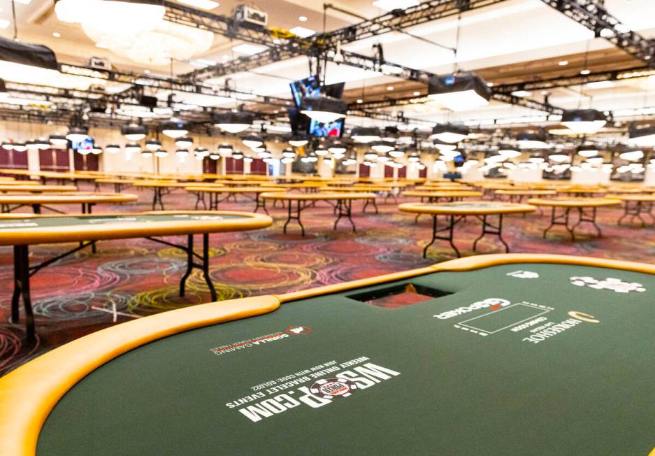 Poker tables are displayed during a media tour at Paris Las Vegas on Thursday May 26, 2022, in ...