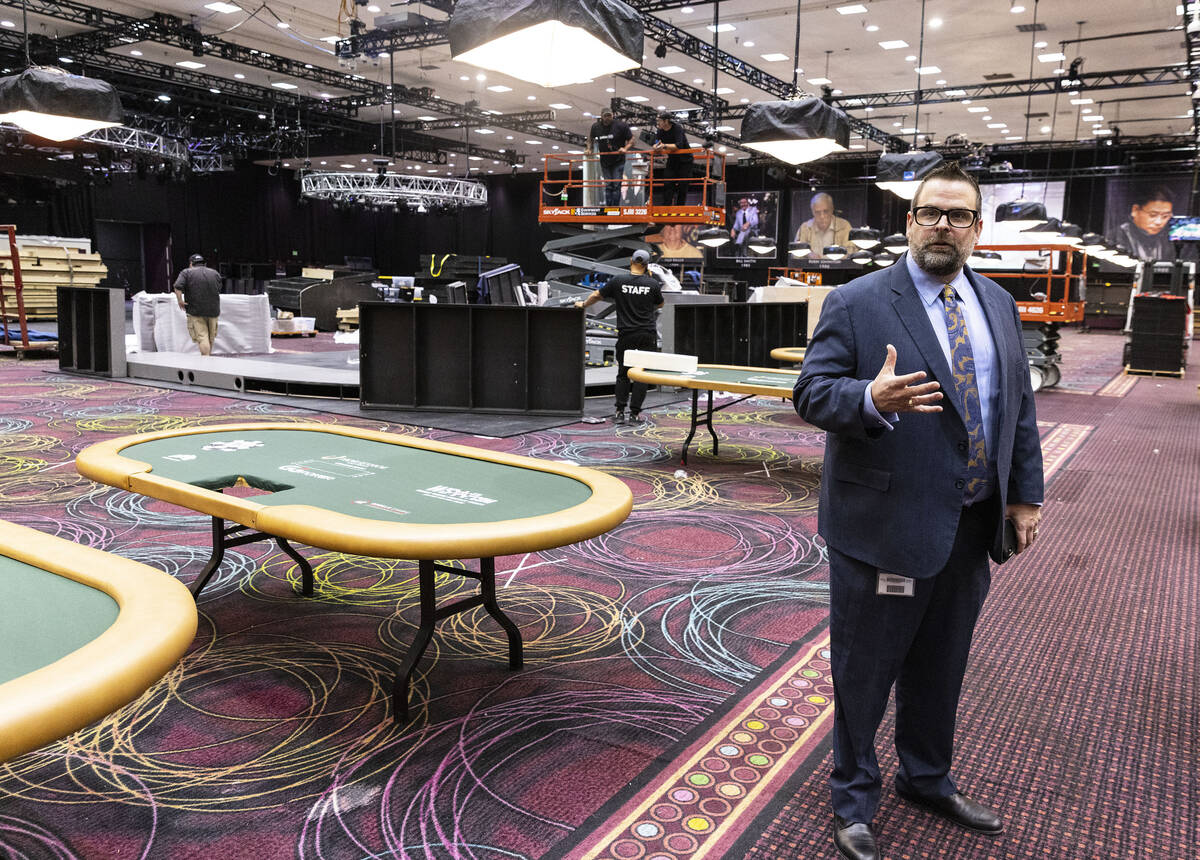 Jack Effel, vice president of WSOP, speaks as he leads a tour of poker rooms at Paris Las Vegas ...