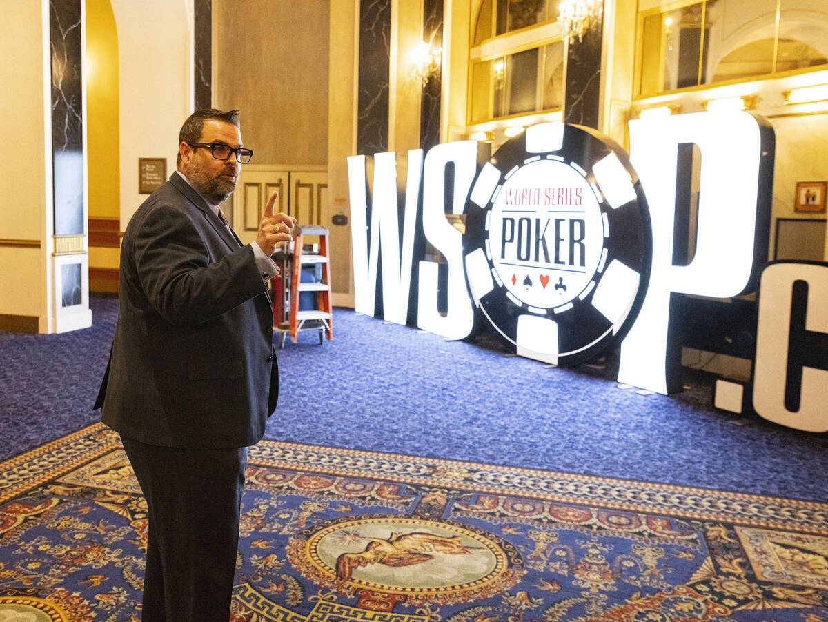 Jack Effel, vice president of WSOP, speaks as he leads a tour of poker rooms at Paris Las Vegas ...