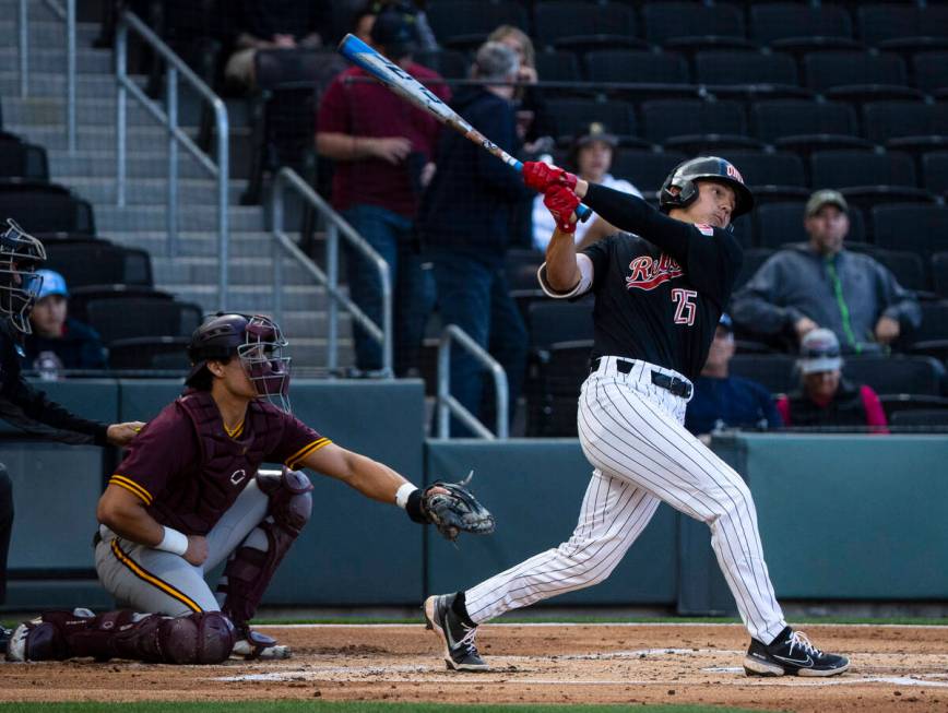 UNLV outfielder Rylan Charles (25) swings against Arizona St. during the first inning of an NCA ...
