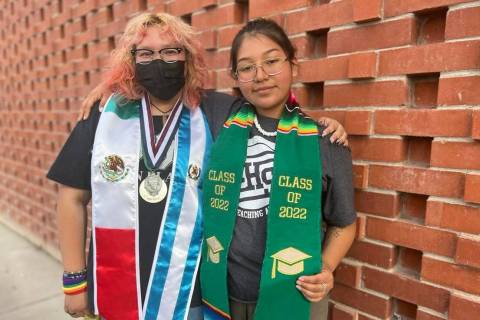 Rancho High School seniors Ashley Garcia-Valladares, left, and Marysol Rodriguez stand outside ...