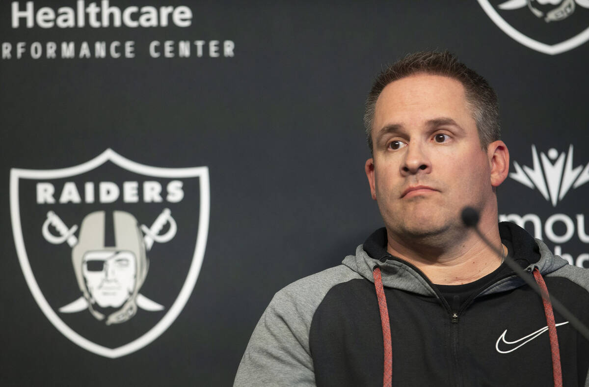 Raiders head coach Josh McDaniels looks on during a news conference following the conclusion of ...