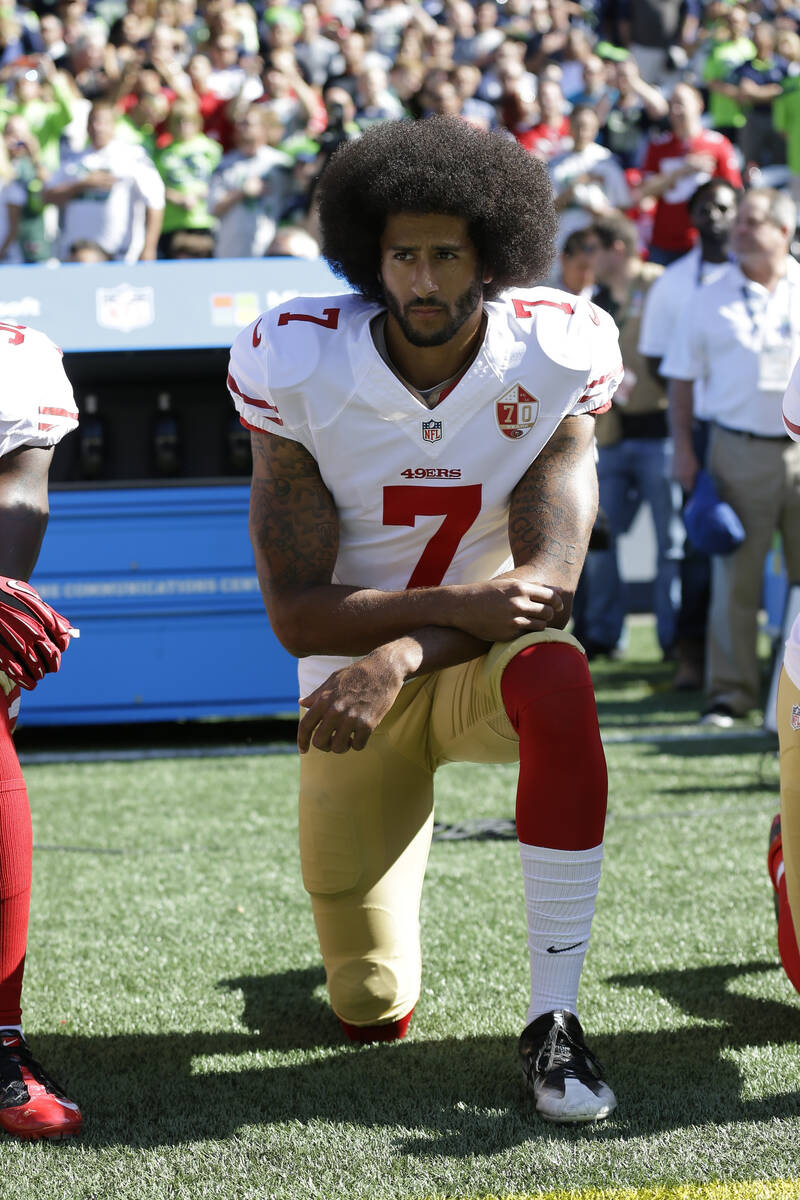 In this Sept. 25, 2016, file photo, San Francisco 49ers' Colin Kaepernick kneels during the nat ...