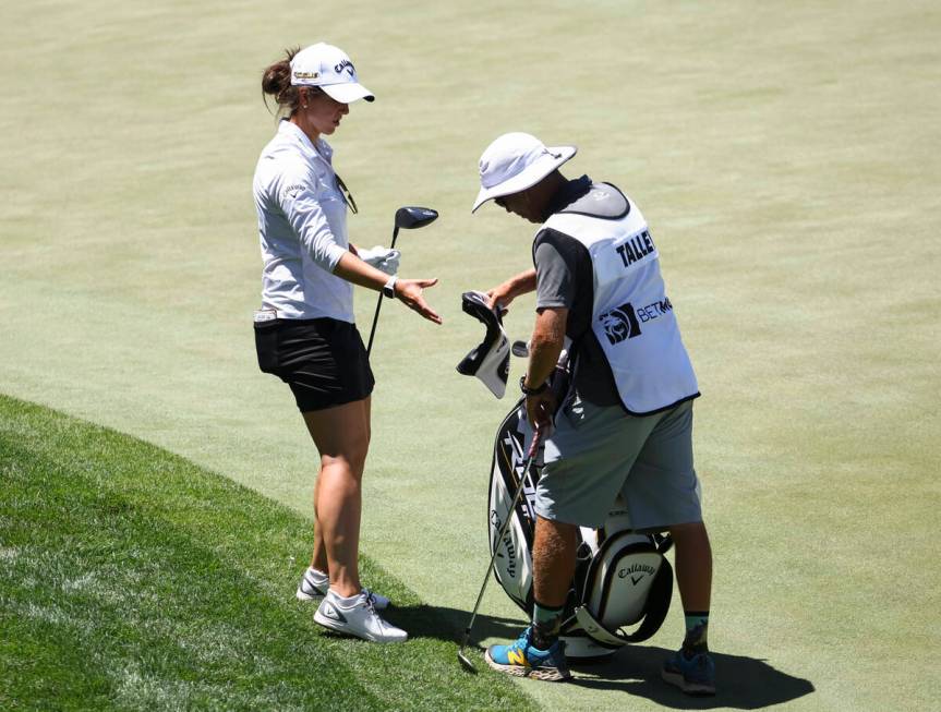 Emma Talley prepares for a putt shot at the 13th hole during the first round of Bank of Hope LP ...