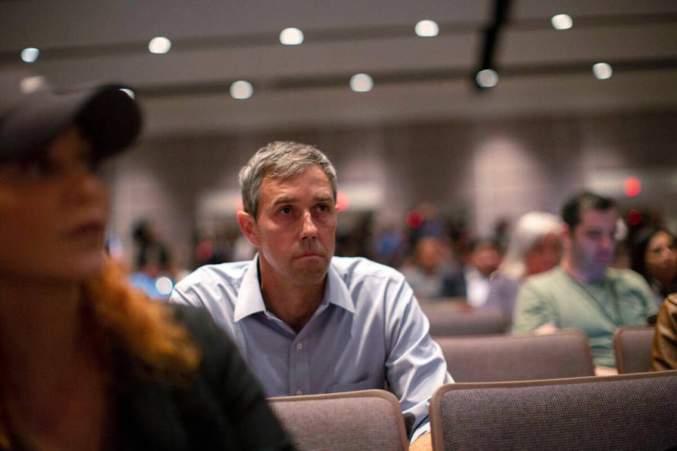 Texas Democrat gubernatorial candidate Beto O'Rourke listens before interrupting a news confere ...