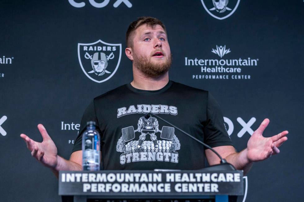 Raiders tackle Kolton Millker (74) speaks during a press conference at the Raiders headquarters ...