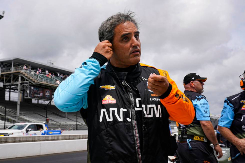 Juan Pablo Montoya, of Colombia, prepares to drive before the final practice for the Indianapol ...