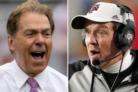 At left, Alabama head coach Nick Saban yells to the sideline during the first half of Alabama's ...