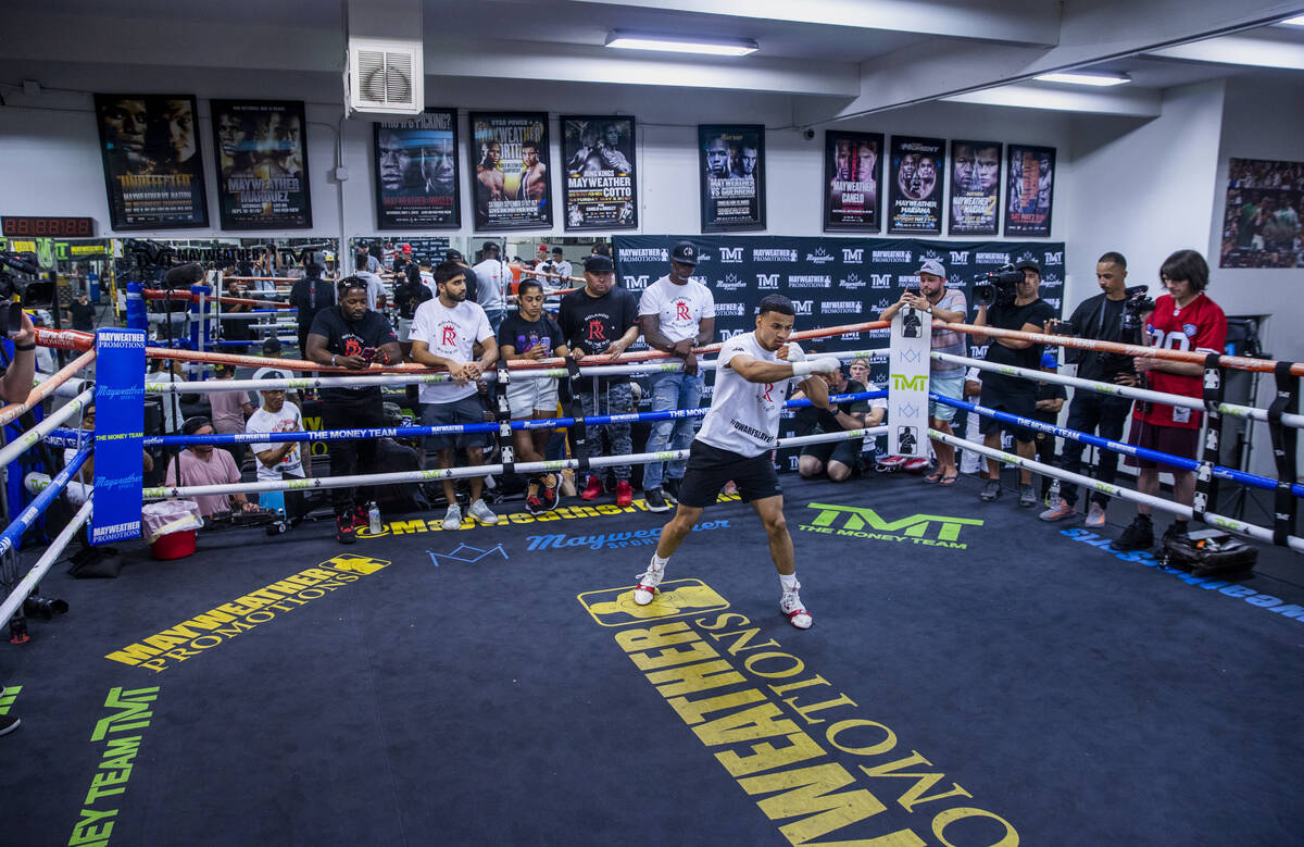 Boxer Rolando Romero shadow boxes in the ring media day workouts at the Mayweather Boxing Club ...