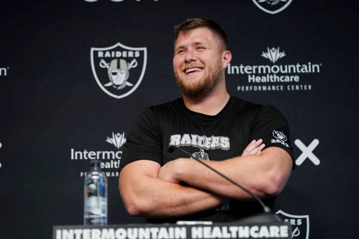 Las Vegas Raiders tackle Kolton Miller speaks during a news conference at the NFL football team ...