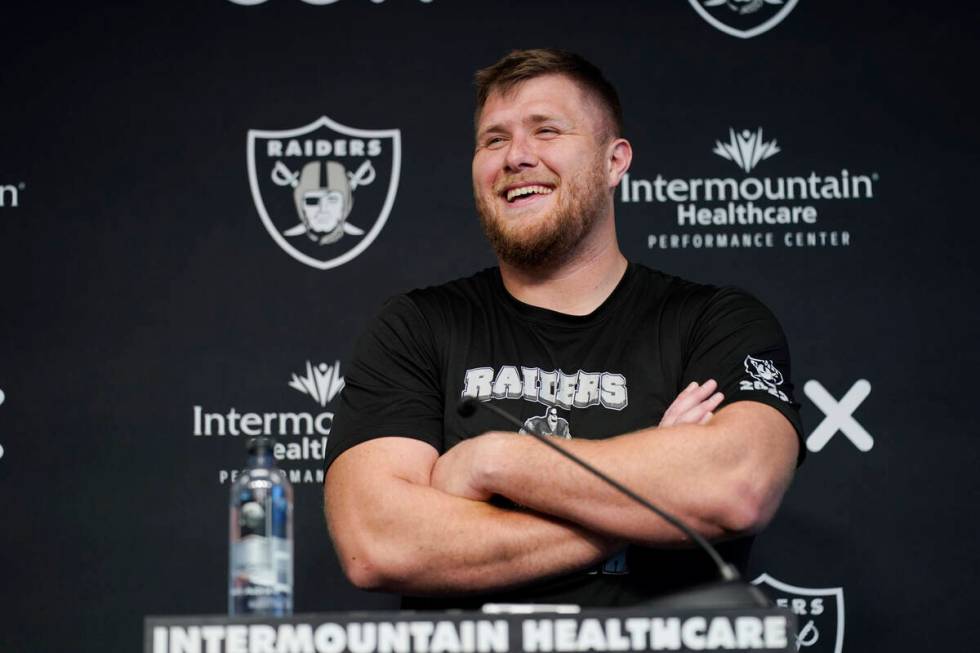 Las Vegas Raiders tackle Kolton Miller speaks during a news conference at the NFL football team ...