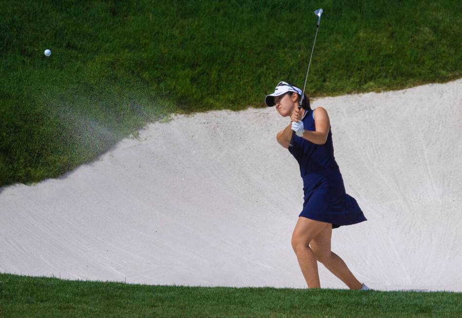 Andrea Lee chips out of the sand on the 9th hole during the fourth day of the LPGA Bank of Hope ...