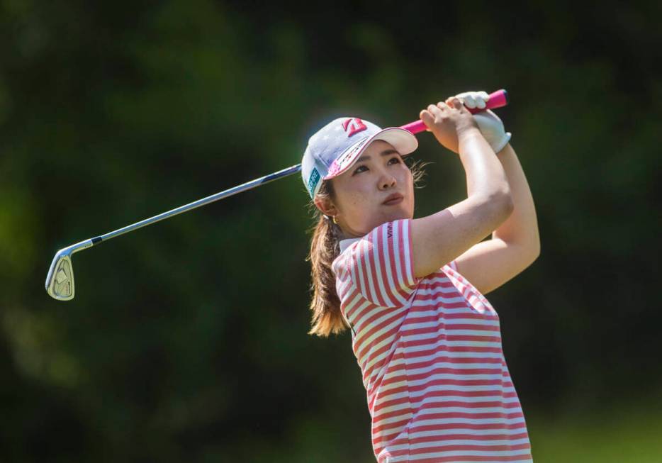 Ayaka Furue drives off the 8th tee during the fourth day of the LPGA Bank of Hope Match Play go ...