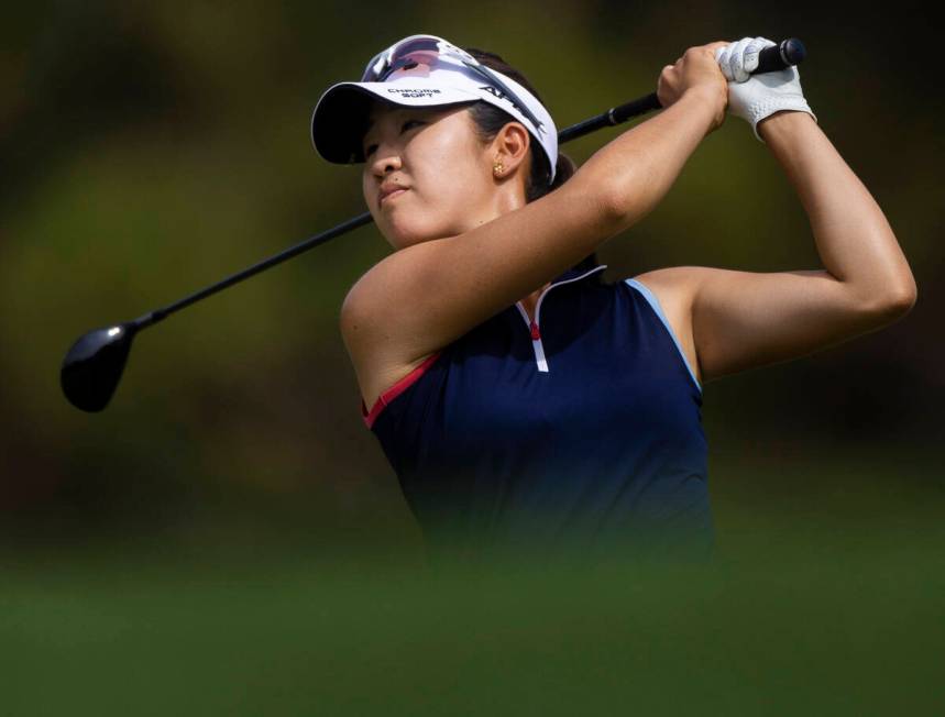 Andrea Lee hits off the fairway on the 9th hole during the fourth day of the LPGA Bank of Hope ...