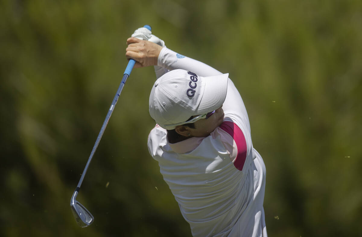 Eun-Hee Ji drives off the tee on the 5th hole during the fourth day of the LPGA Bank of Hope Ma ...