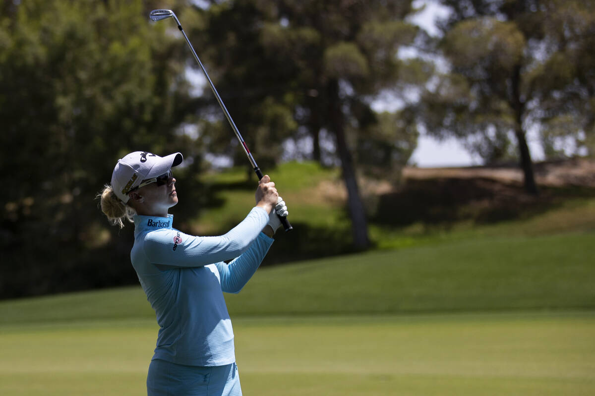 Madalene Sagstrom chips out of the rough on the 5th hole during the fourth day of the LPGA Bank ...