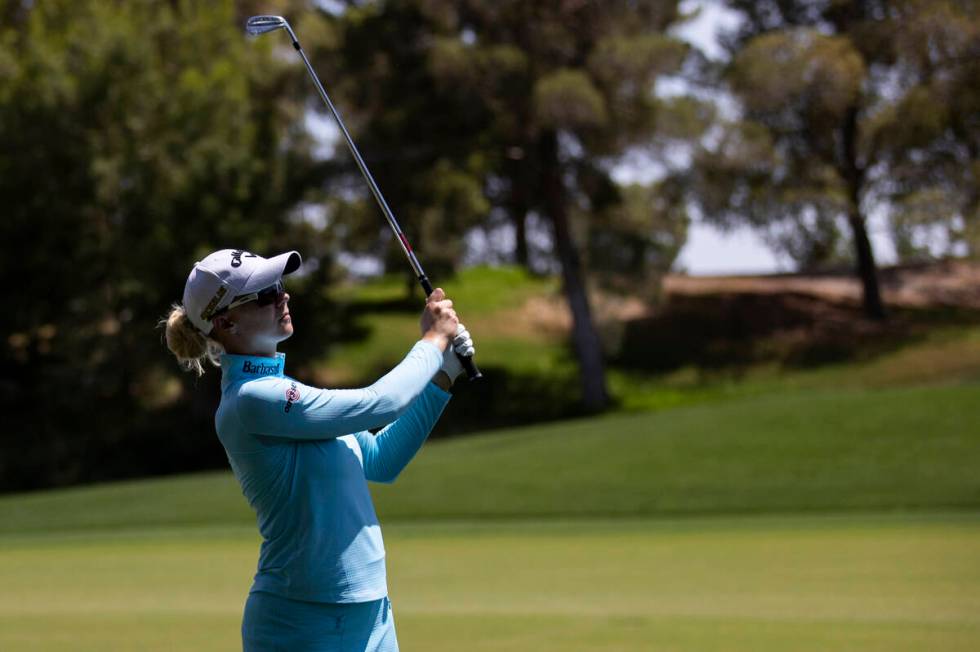 Madalene Sagstrom chips out of the rough on the 5th hole during the fourth day of the LPGA Bank ...