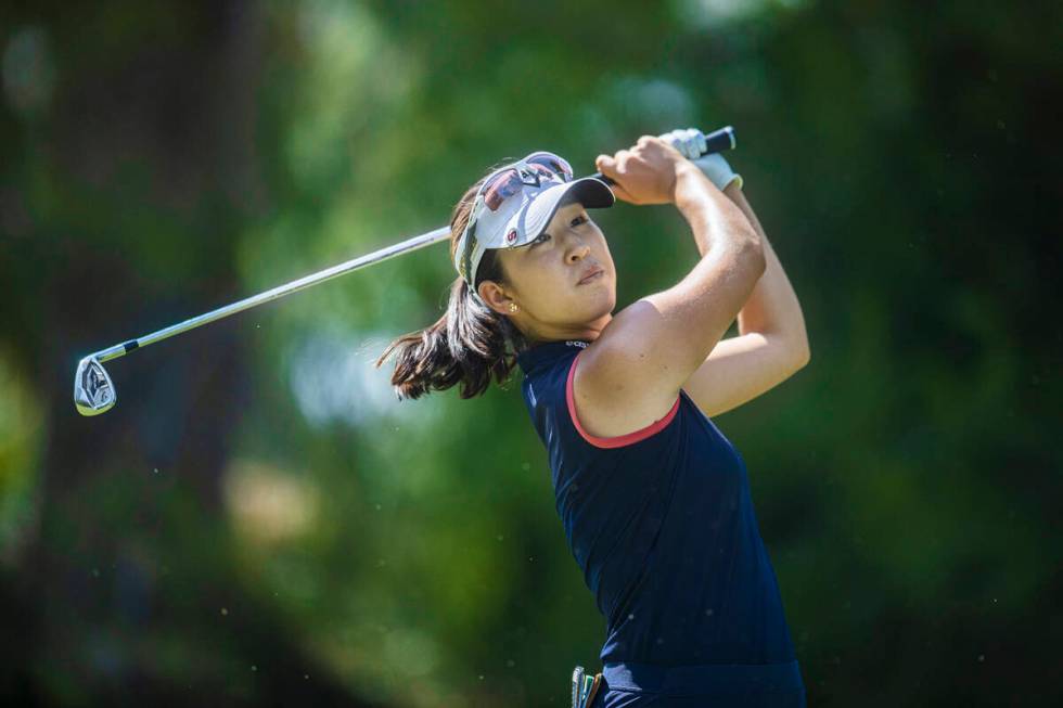 Andrea Lee drives off the 8th tee during the fourth day of the LPGA Bank of Hope Match Play gol ...