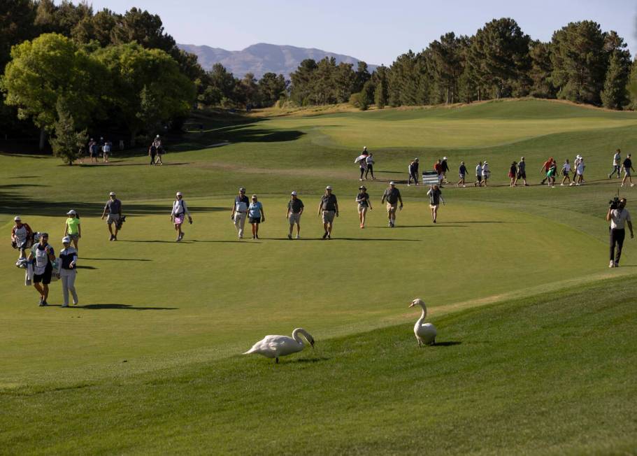 Ji Eun-Hee, Ayaka Furue and LPGA crew walk to the green during the final day of the LPGA Bank o ...