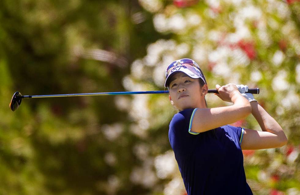 Andrea Lee drives off the 2nd tee during the final day of the LPGA Bank of Hope Match Play golf ...