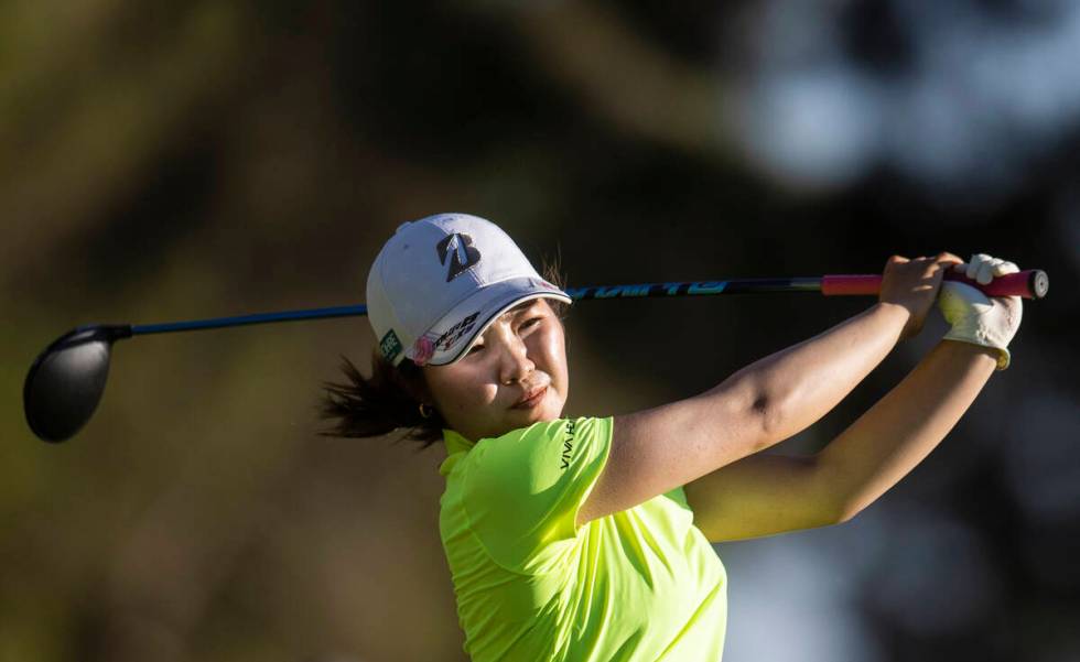 Ayaka Furue drives off the 14th tee during the final day of the LPGA Bank of Hope Match Play go ...