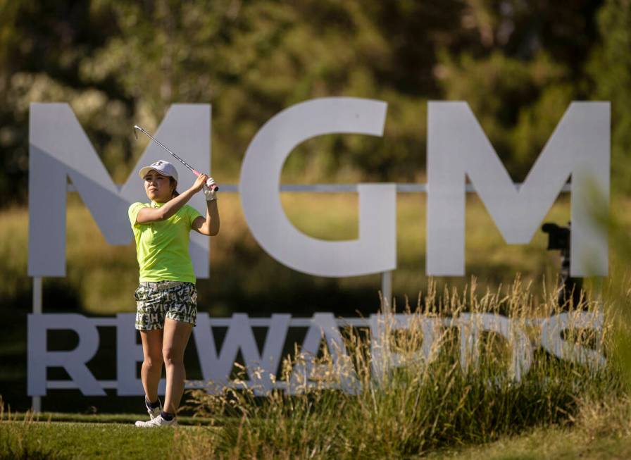 Ayaka Furue drives off the 13th hole during the final day of the LPGA Bank of Hope Match Play g ...