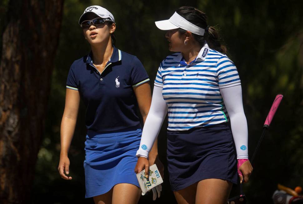 Andrea Lee, left, and Lilia Vu walk the course during the final day of the LPGA Bank of Hope Ma ...