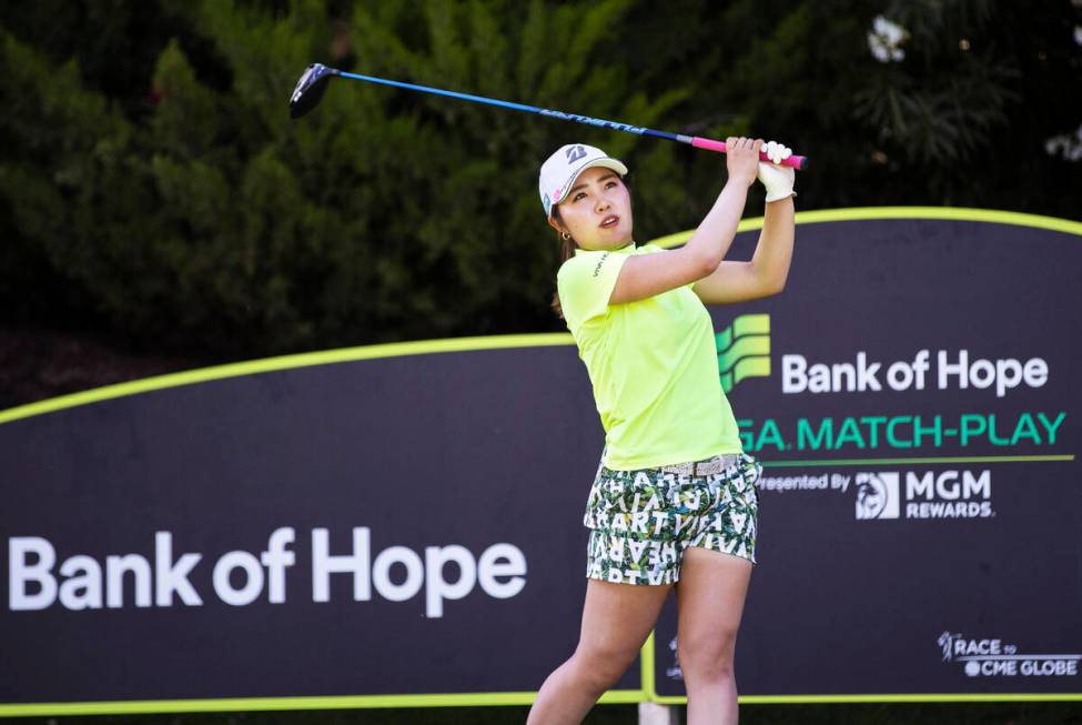 Ayaka Furue drives off the 11th tee during the final day of the LPGA Bank of Hope Match Play go ...