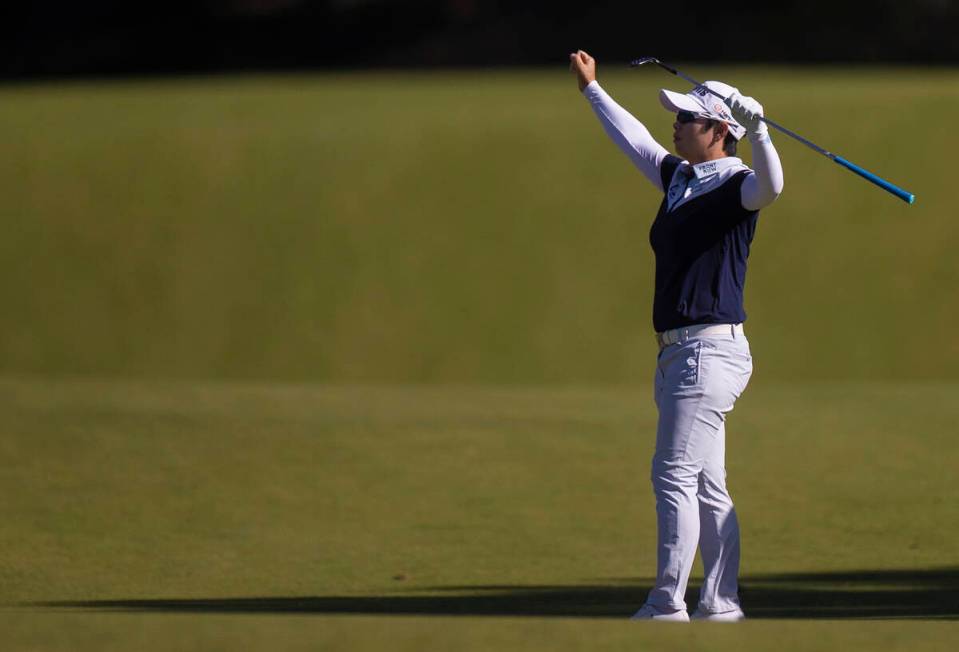 Eun-Hee Ji celebrates after making an eagle on the 9th hole during the final day of the LPGA Ba ...