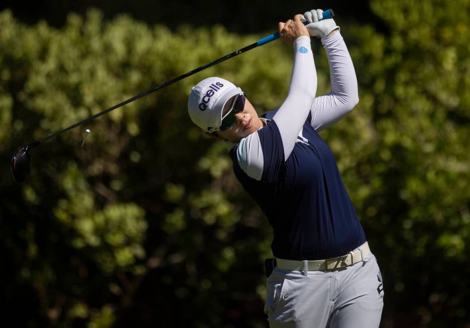 Eun-Hee Ji drives off the 6th tee during the final day of the LPGA Bank of Hope Match Play golf ...