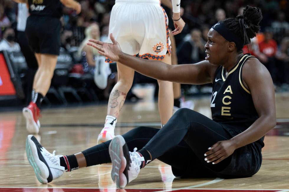 Las Vegas Aces guard Chelsea Gray (12) gestures to a referee during the first half of a WNBA ba ...