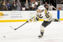 Silver Knights forward Brendan Brisson (24) warms up before the start of an AHL hockey game aga ...