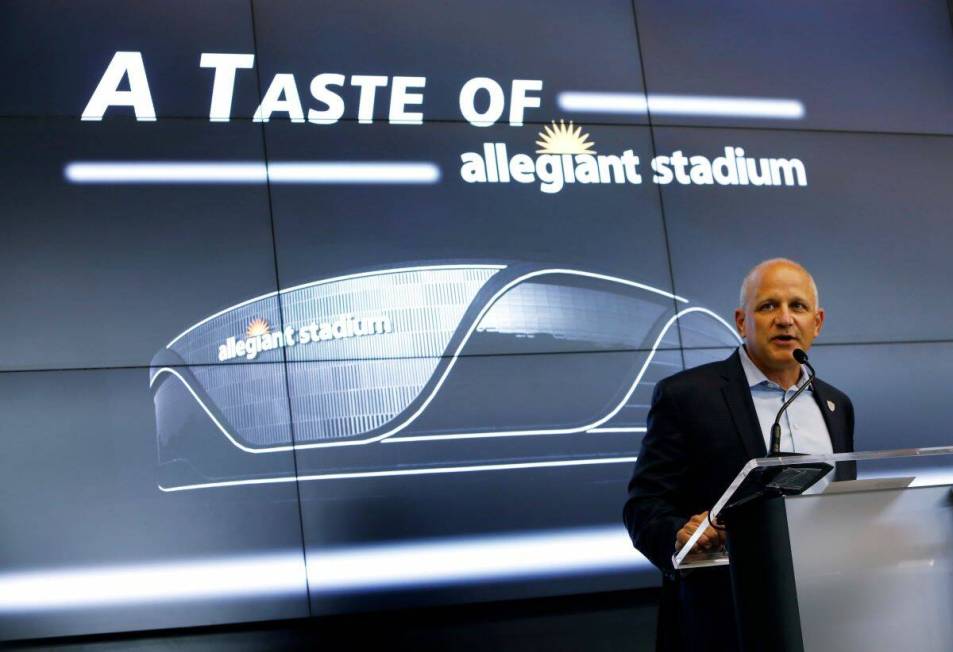 Las Vegas Raiders President Marc Badain speaks during an event of food and beverage experience ...