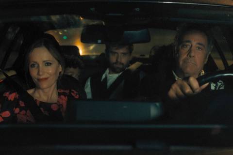 From left, Leslie Mann, Cooper Raiff and Brad Garrett in a scene from "Cha Cha Real Smooth ...
