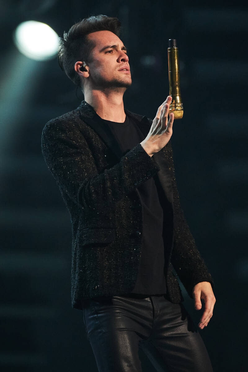 Brendon Urie of Panic! At The Disco is shown in concert at T-Mobile Arena on Saturday, Aug. 18, ...