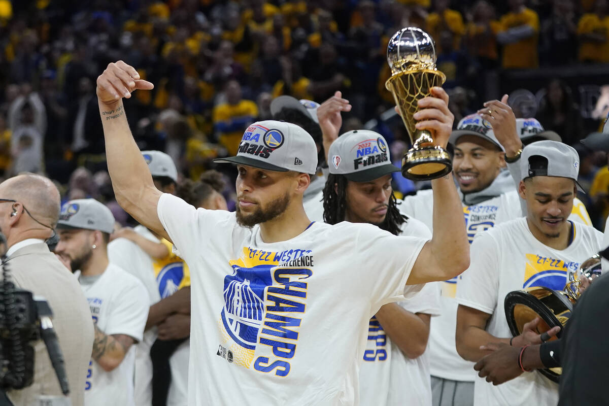 Golden State Warriors' Stephen Curry celebrates after Game 5 of the NBA basketball playoffs Wes ...