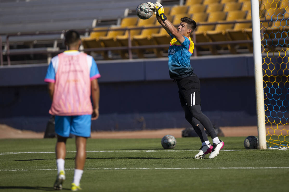 Las Vegas Lights goalkeeper Tomas Romero defends a shot at the goal during a team practice at C ...