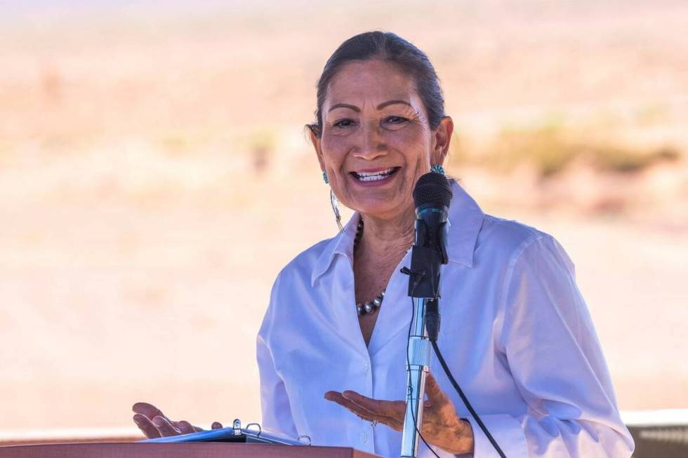 Secretary of the Interior Deb Haaland speaks at Monument Valley, Utah on Friday, May 27, 2022. ...