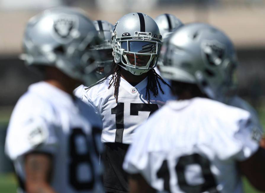 Raiders wide receiver Davante Adams participates during practice at Raiders Headquarters and In ...