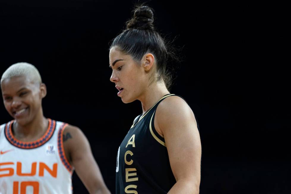 Las Vegas Aces guard Kelsey Plum (10) reacts to a referee’s call while Connecticut Sun g ...