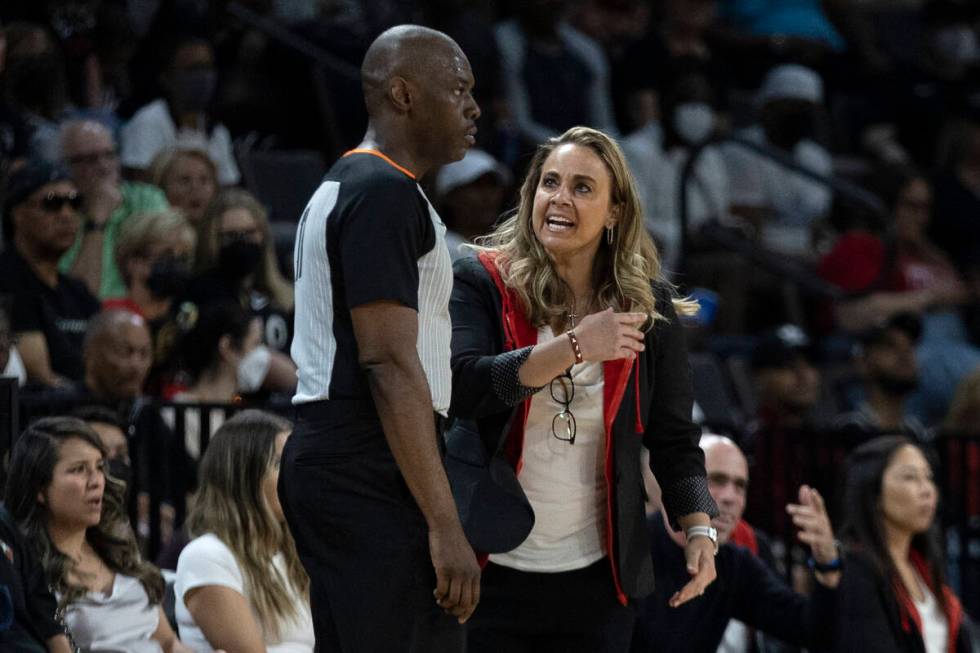 Las Vegas Aces head coach Becky Hammon shouts at a referee during the second half of a WNBA bas ...