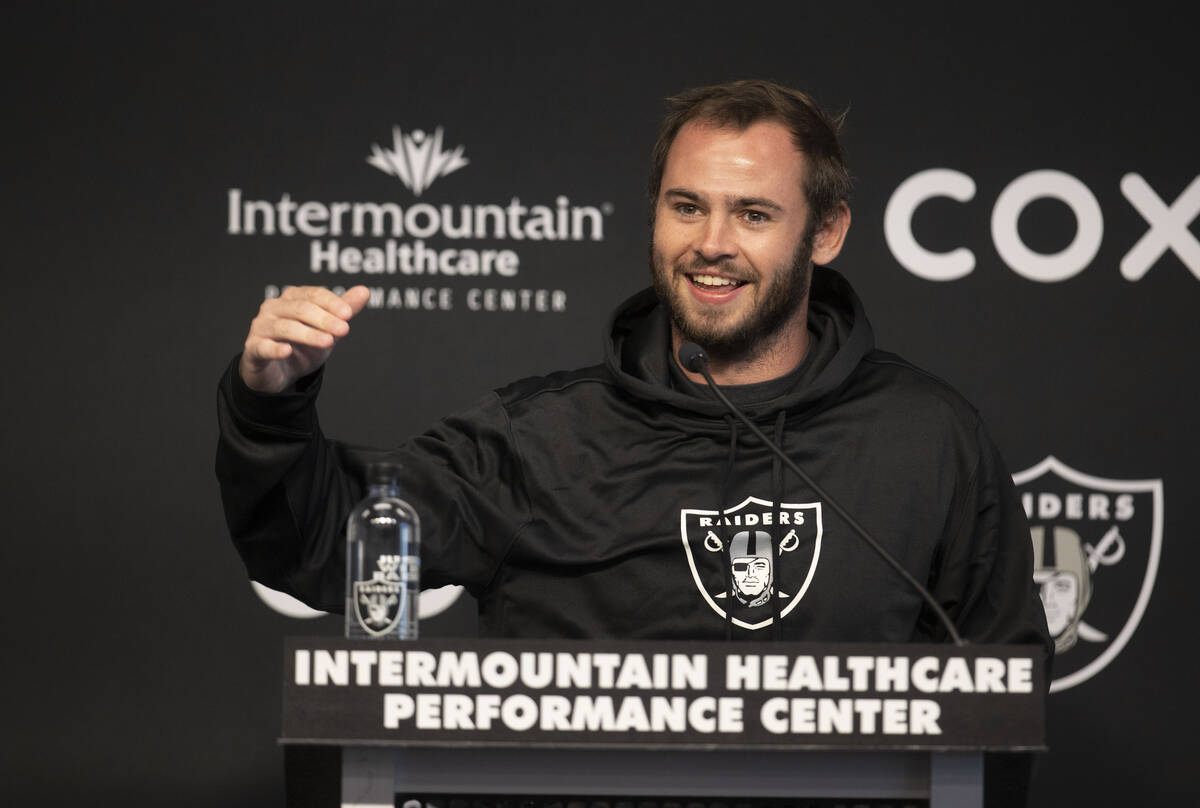 Raiders wide receiver Hunter Renfrow reacts to media questions during a news conference on Thur ...