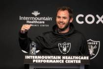 Raiders wide receiver Hunter Renfrow reacts to media questions during a news conference on Thur ...