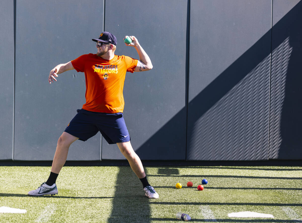 Aviator's pitcher Jared Koenig throws the practice ball during team's practice at Las Vegas Bal ...