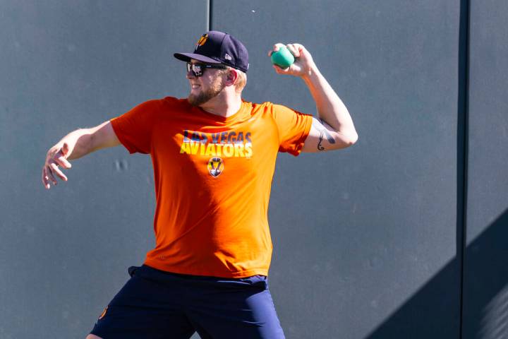 Aviator's pitcher Jared Koenig throws the practice ball during team's practice at Las Vegas Bal ...