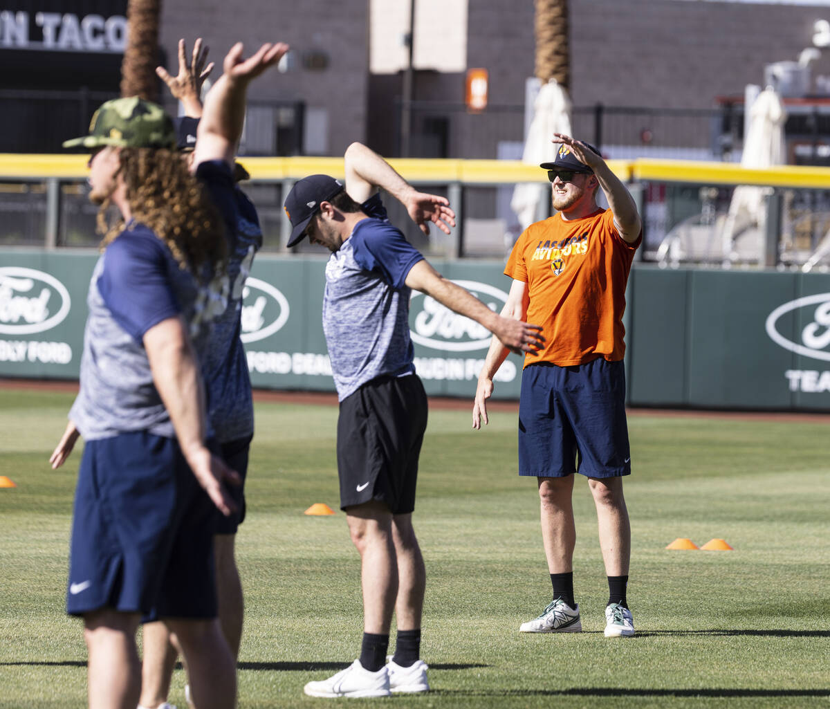 Aviator's pitcher Jared Koenig stretches during team's practice at Las Vegas Ballpark on Friday ...