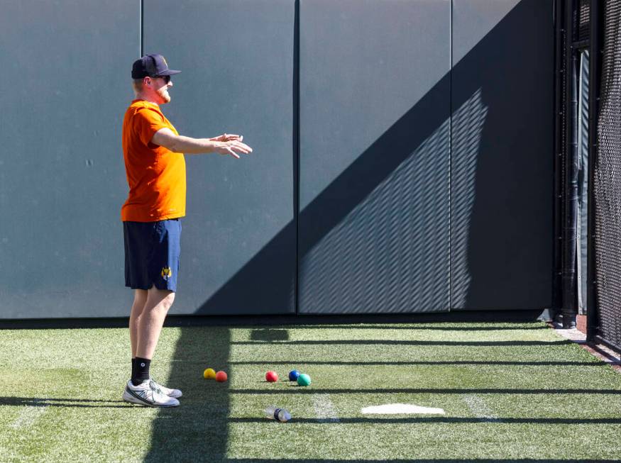 Aviator's pitcher Jared Koenig stretches during team's practice at Las Vegas Ballpark on Friday ...