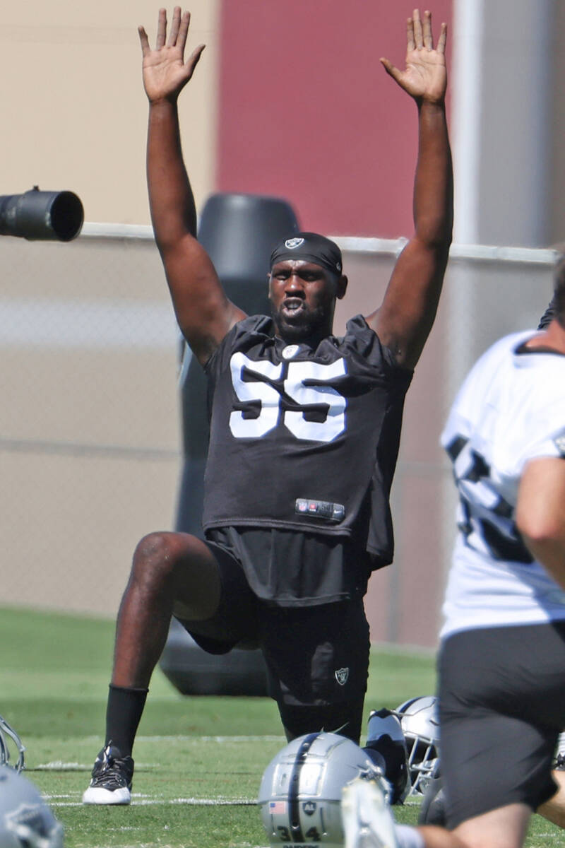 Raiders defensive end Chandler Jones (55) stretches during a team practice on Thursday, June 2, ...
