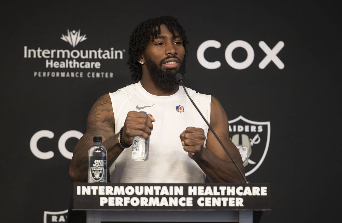 Raiders safety Nate Hobbs addresses the media during a news conference on Thursday, June 2, 202 ...